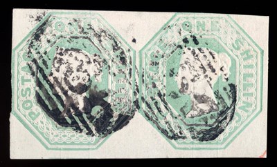 Lot 671 - Great Britain. 1847 to 1854 1s Embossed horizontal pair, used. Left margin of left adhesive shaved