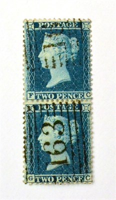 Lot 676 - Great Britain. 1855 2d Blue, Plate 5, Perf 14, watermark small crown, vertical pair FC/GC. Used...