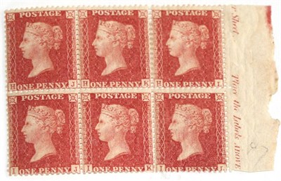 Lot 679 - Great Britain. September 1857 1d Rose-red HJ/IL fine mint marginal block of six. Centred to...