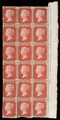 Lot 682 - Great Britain. 1858 1d Red, Plate 124 LJ/QL marginal inscription block of eighteen, unmounted. Some