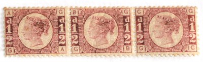 Lot 685 - Great Britain. 1858 to 1870 1/2d Bantams. Horizontal mint strip of three GA/GC, Plate 11, all...