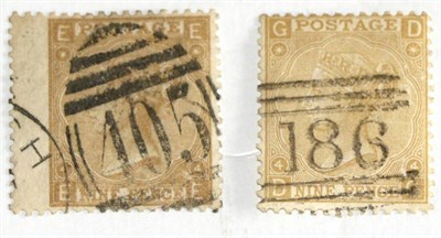 Lot 698 - Great Britain. 1865 to 1867 9d Straw G-D wing, plus 9d pale straw E-E. Both used