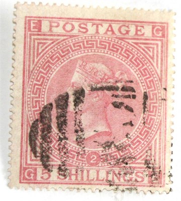 Lot 709 - Great Britain. 1867 5s Pale rose G-E, Plate 2. Watermark Maltese cross, used. S.G.Spec.J122