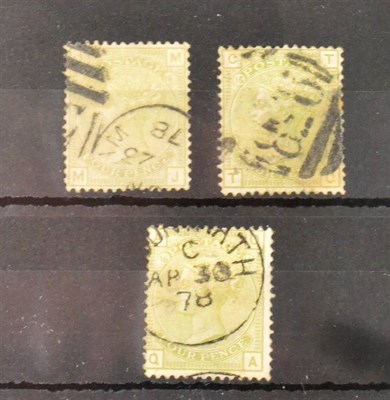 Lot 722 - Great Britain. 1873 to 1880 4d Sage-green M-J and T-C both Plate 15 and Q-A Plate 16, All used