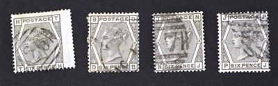 Lot 725 - Great Britain. 1873 to 1880 6d Grey T-H wing Plate 13, D-B and N-J Plate 14, P-J Plate 15. All used