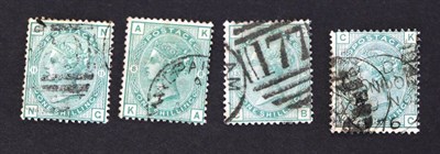 Lot 729 - Great Britain. 1873 to 1880 1s Green K-A Plate 8, N-G Plate 11, K-C Plate 12, B-C Plate 13. All...