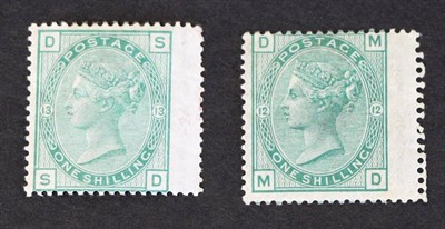 Lot 730 - Great Britain. 1873 to 1880 1s Green M-D wing Plate 12, S-D wing Plate 13. Fresh mint