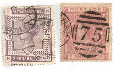 Lot 731 - Great Britain. 1874 5s Pale rose E-C, Plate 2. Watermark Maltese cross, centred to lower left....