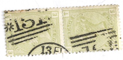 Lot 736 - Great Britain. 1877 4d Sage-green ST/TE, Plate 16 vertical pair. Watermark large garter. Used....