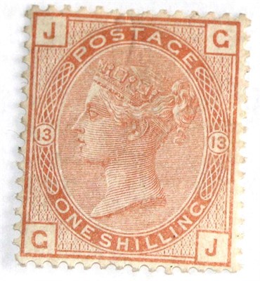 Lot 739 - Great Britain. 1880 1s Orange-brown G-J, Plate 13.  Watermark spray. Well centred. Fresh mint