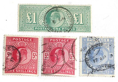 Lot 760 - Great Britain. 1911 to 1913 5s (two shades), 10s and £1, used