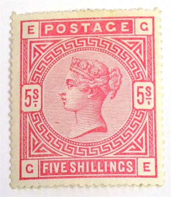 Lot 762 - Great Britain. 1883 to 1884 5s Rose G-E white paper, pulled perf. Fresh mint