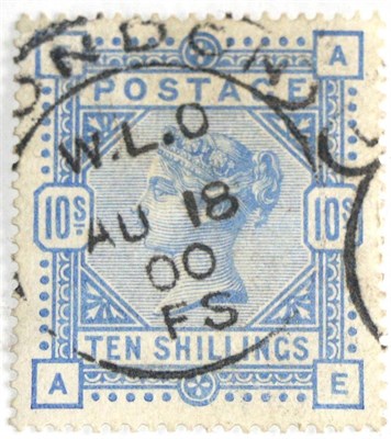 Lot 764 - Great Britain. 1884 10s Pale ultramarine A-E, used with a London Au 18 00 hooded circle....