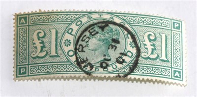 Lot 771 - Great Britain. 1891 £1 Green P/A, used with centrally struck Guernsey Oc 31 01. Well centred, blue