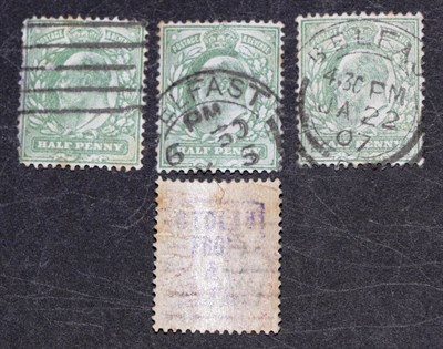 Lot 773 - Great Britain. Four 1902 to 1910 1/2d used. All on reverse having a purple boxed hand stamp 'Stolen