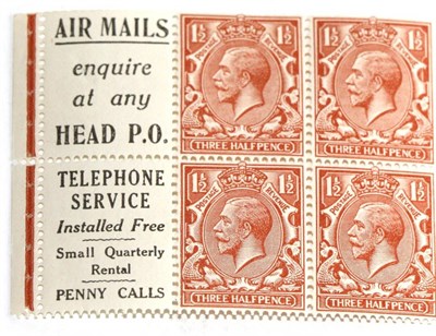 Lot 804 - Great Britain. 1924 1 1/2d Red-brown booklet pane of four plus two printed labels. Fine mint....