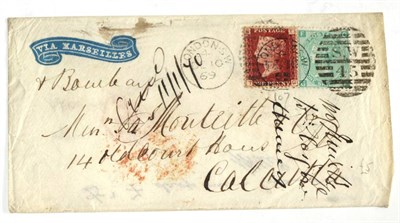 Lot 864 - Great Britain. An 1869 cover to Calcutta bearing an 1864 1d red Plate 107 and an 1867 1s green,...