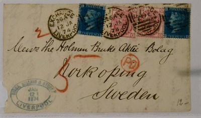 Lot 865 - Great Britain. A pretty January 1874 front to Sweden bearing two 1869 2d blues and two 1873 3d rose