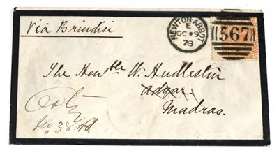 Lot 866 - Great Britain. October 1878 mourning cover to Madras, India, via Brindisi, bearing 1876 8d...