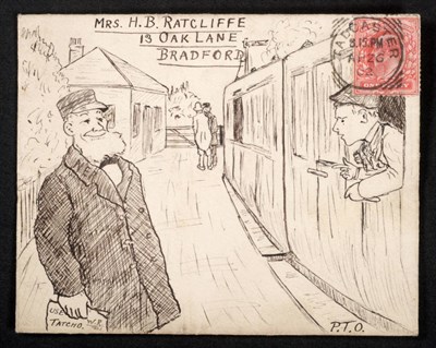 Lot 869 - Great Britain. A 1902 hand illustrated cover to Bradford depicting a station platform with standing