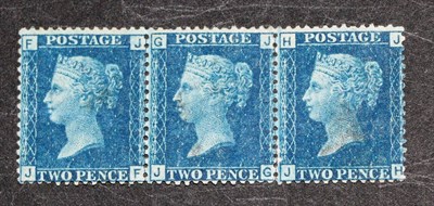 Lot 687A - Great Britain. 1858 to 1876 2d horizontal strip of three JF to JH. Wmk large crown, Plate 13. Fresh