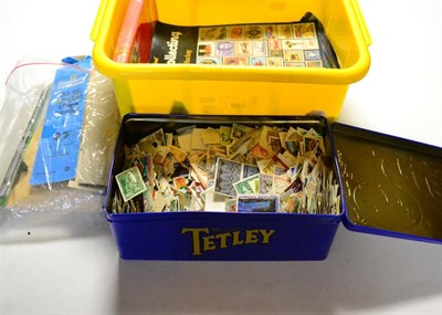 Lot 65 - Four Plastic Containers housing all world in binders, albums, stockbooks and loose in a tin....