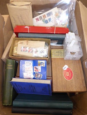 Lot 86 - A Large Carton housing miscellaneous world in albums, tins, glassine bags, old catalogues etc