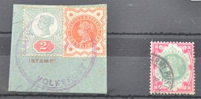 Lot 163 - Boer War. 1887 to 1902 1/2d orange-vermillion and 2d on small piece, tied by Army Post Office,...