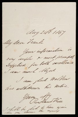 Lot 190 - Rowland Hill. August 24 1867 letter on embossed crested 'Hampstead N.W.' paper, thanking a...