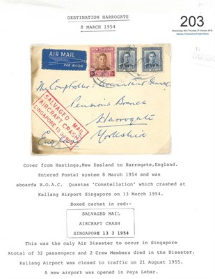 Lot 203 - Wreck Mail. 1954 cover from New Zealand to Harrogate with fine red boxed Salvaged Mail/Aircraft...