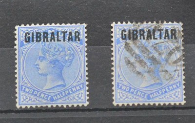 Lot 340 - Gibraltar. 1886 2 1/2d unused with blue black overprint. Used for comparison