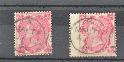 Lot 392 - Malta - Great Britain Used in. 1862 3d Carmine-rose, Plate 2, used. Also 3d bright carmine-rose...