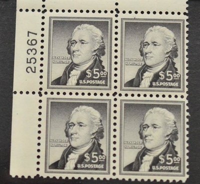 Lot 442 - U.S.A. 1956 $5 Alexander Hamilton. Unmounted corner block of six