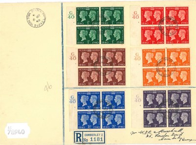 Lot 497 - Great Britain. 1940 Stamp Centenary registered FDC with control Plate blocks of four