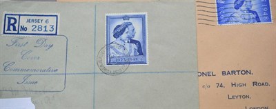 Lot 501 - Great Britain. April 1948 Silver Wedding 2 1/2d on illustrated cover. Also £1 on a Jersey...