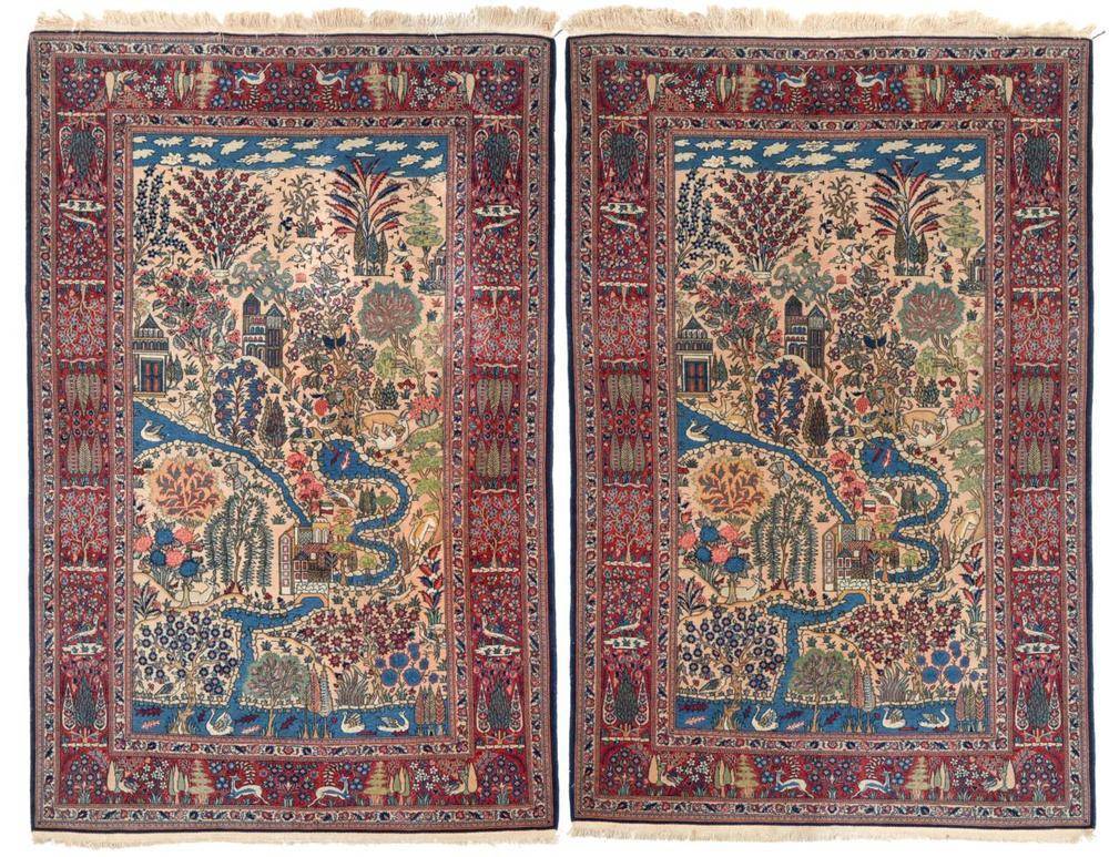 Lot 812 - Pair of Nantaz Kashan Pictorial Rugs Each depicting a verdant rural scene of trees, flowers,...