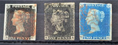 Lot 740 - Great Britain. 1840 1d Black K-A, one margin, used with a black Maltese cross. Also R-G, three...