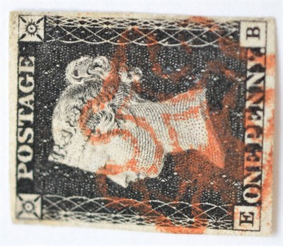 Lot 747 - Great Briton. 1840 1d Black E-B. Four margins, used with a red Maltese cross