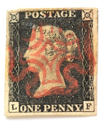 Lot 754 - Great Britain. 1840 1d Black L-F. Four good margins, used with a red Maltese cross. Small...