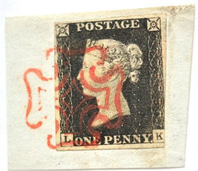 Lot 755 - Great Britain. 1840 1d Black L-K. Three margins, tied to small piece by red Maltese cross