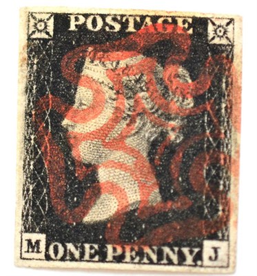 Lot 757 - Great Britain. 1840 1d Black M-J. Four margins, used with a red Maltese cross