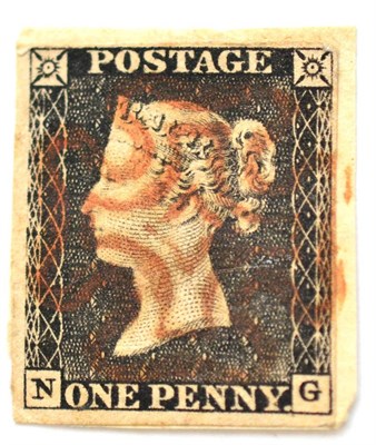 Lot 758 - Great Britain. 1840 1d Black N-G. Four margins, tied to small piece by red Brown Maltese cross