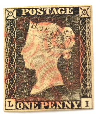 Lot 763 - Great Britain. 1840 1d Black L-I, Plate 1a.  Four margins (just touching lower right corner),...