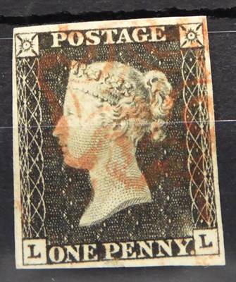 Lot 764 - Great Britain. 1840 1d Black L-L, Plate 1a. Four margins, used with red Maltese cross