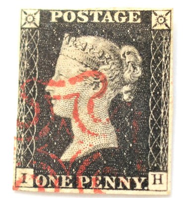 Lot 765 - Great Britain. 1840 1d Black I-H, Plate 2. Four margins, used with a red Maltese cross