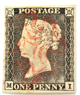 Lot 766 - Great Britain. 1840 1d Black M-I, Plate 1a. Four good, even margins. Used with a light red...