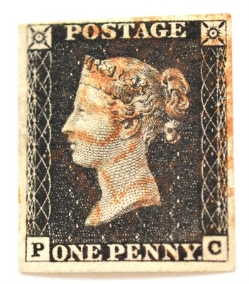 Lot 771 - Great Britain. 1840 1d Black P-C, Plate 1b. Watermark inverted. Four margins, used with a red...