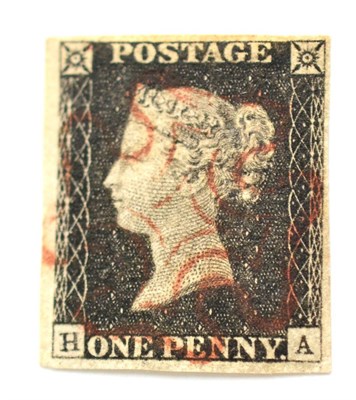 Lot 774 - Great Britain. 1840 1d Black H-A, Plate 2. Four margins, used with a brown-red? Maltese cross