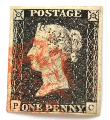 Lot 775 - Great Britain. 1840 1d Black P-C, Plate 2. Four margins, used with a red Maltese cross