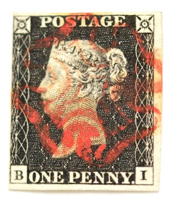 Lot 777 - Great Britain. 1840 1d Black B-I, Plate 3. Four margins, used with a red Maltese cross